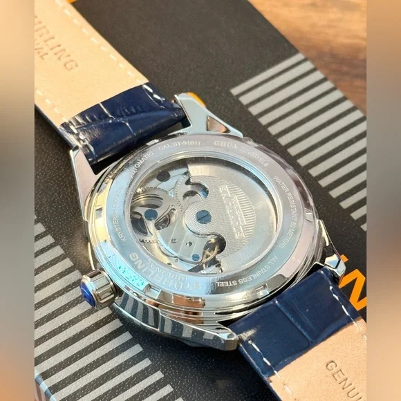 Stuhrling Men's Blue Automatic Skeleton Alligator Embossed Leather Watch 42mm - Picture 6 of 9